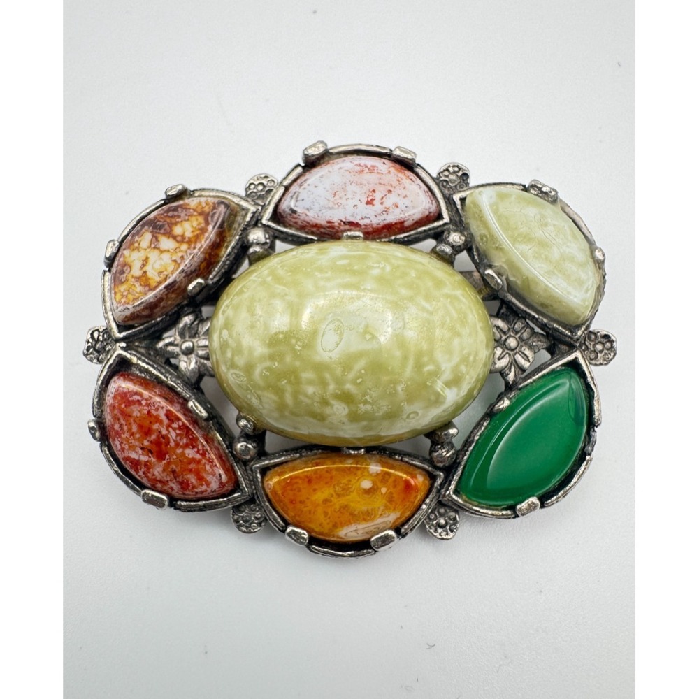 Vintage Faux Agate Brooch Pebble Medallion Pin 1960s
